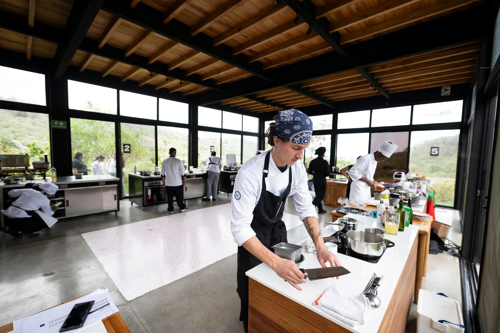 Wide view of the competition kitchen hall, with contestants at their stations