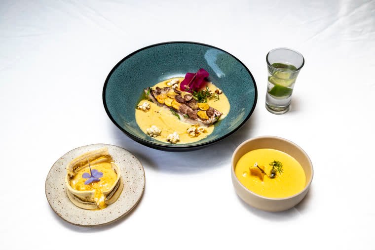 Three elements of the dish (fish, tartlet and cream) on a white background, with a green shot.